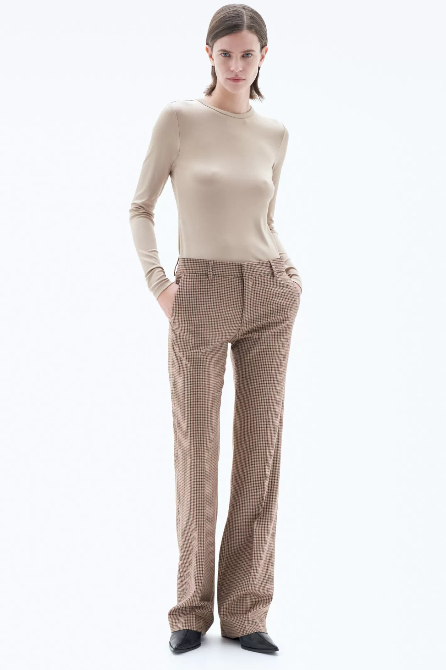 Filippa K Bootcut Check Trousers Sand Beige/Brown Check-Woman Tailoring | Trousers