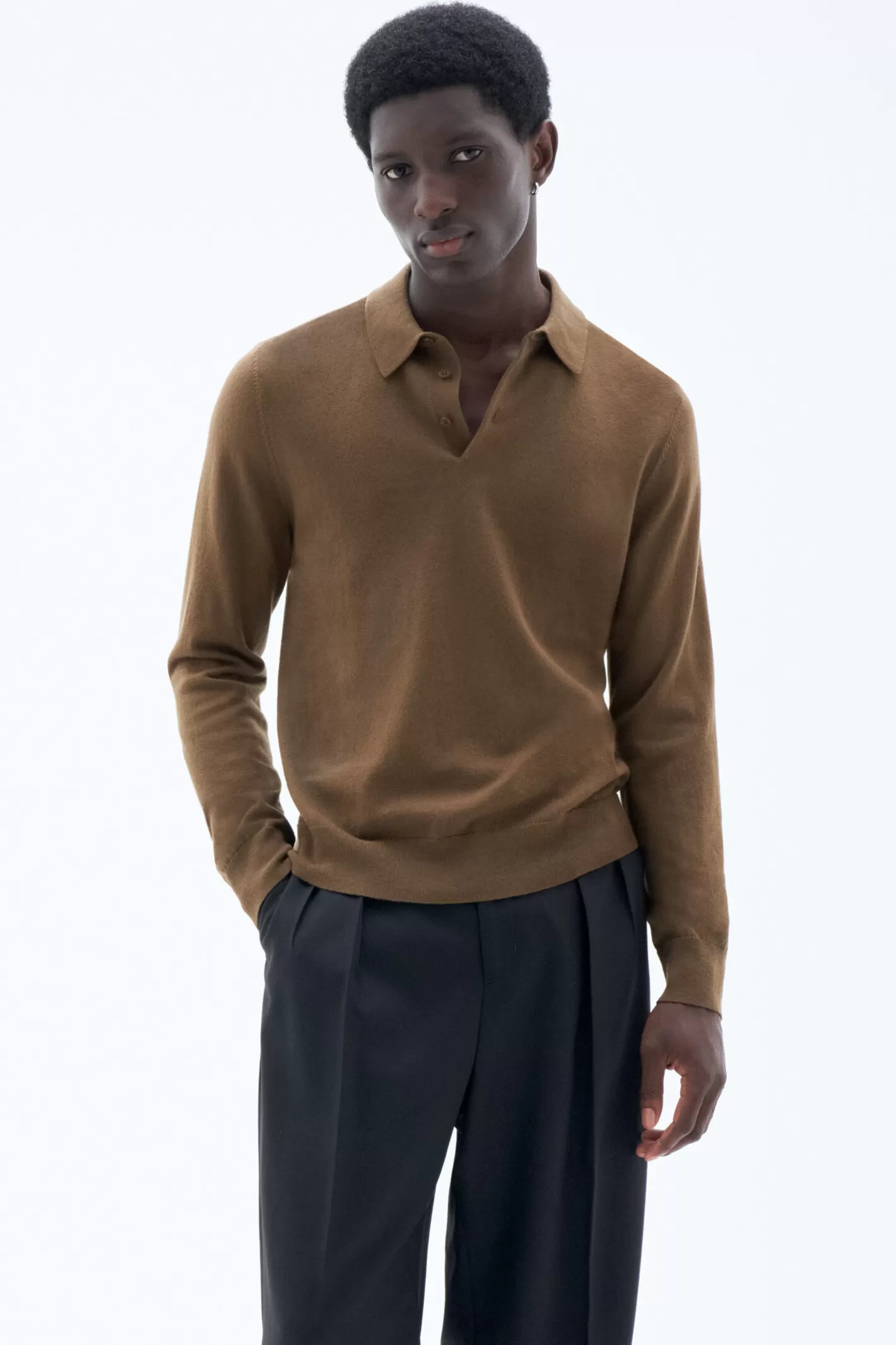 Filippa K Knitted Polo Shirt Bronze Green-Man Knitwear