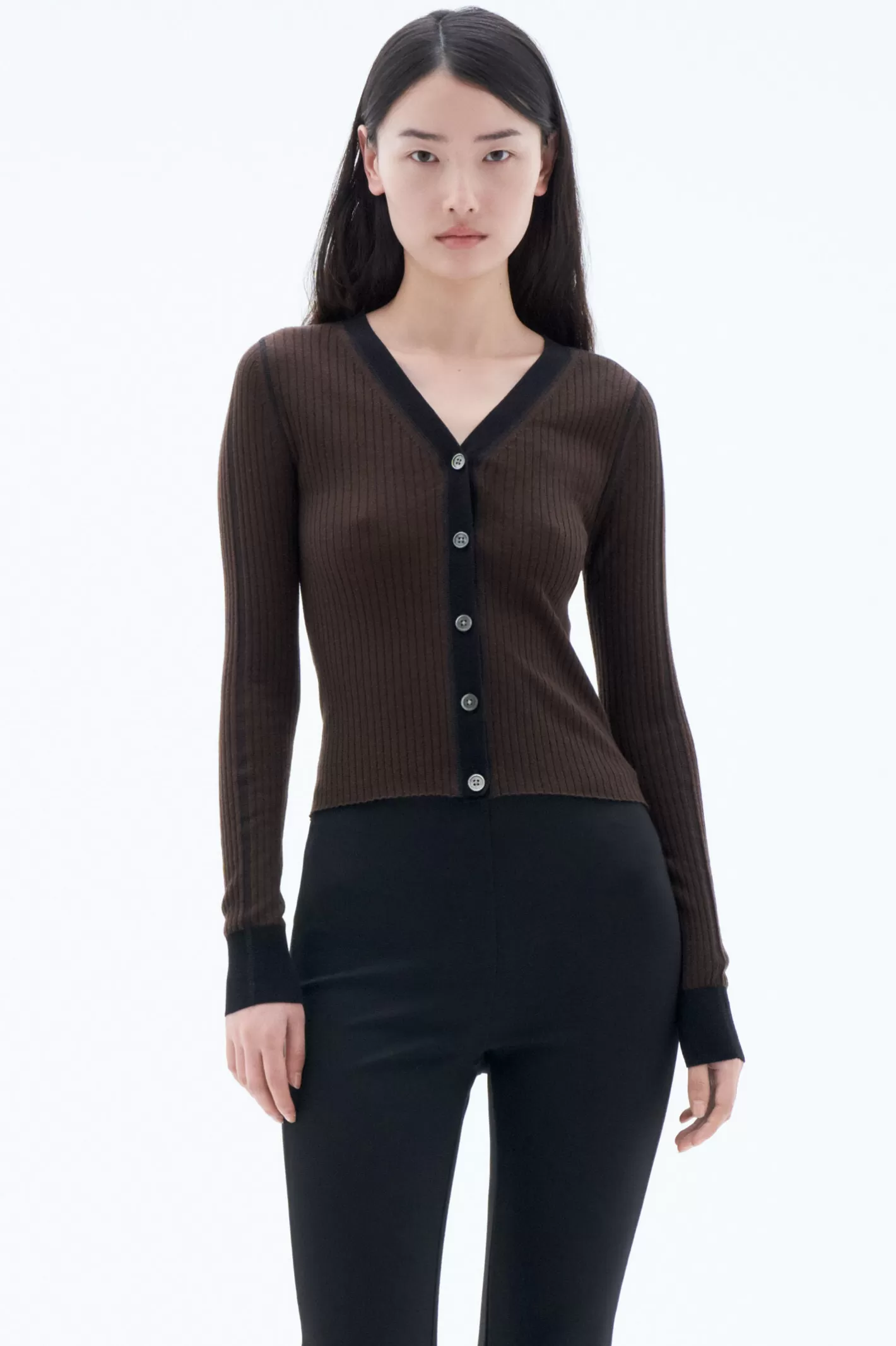 Filippa K Light Rib Cardigan Dark Chocolate/Black-Woman Knitwear