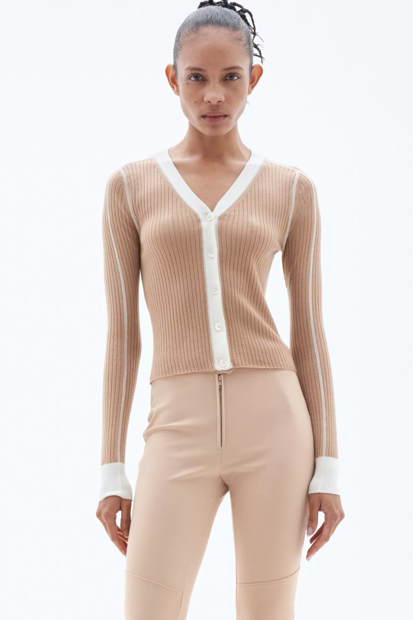 Filippa K Light Rib Cardigan Camel/White-Woman Knitwear