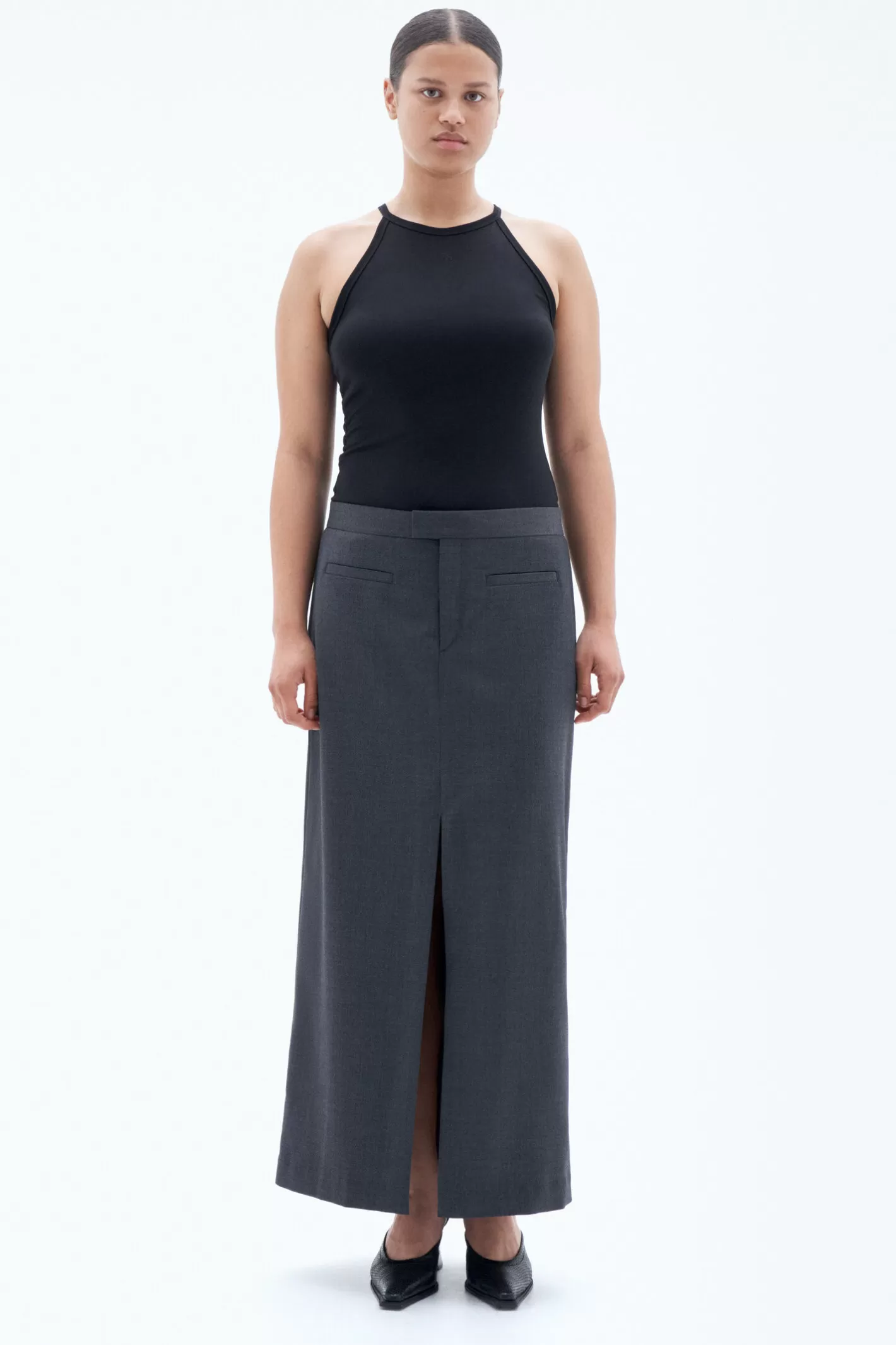 Filippa K Long Tailored Skirt Dk. Grey Mel.-Woman Skirts & Shorts