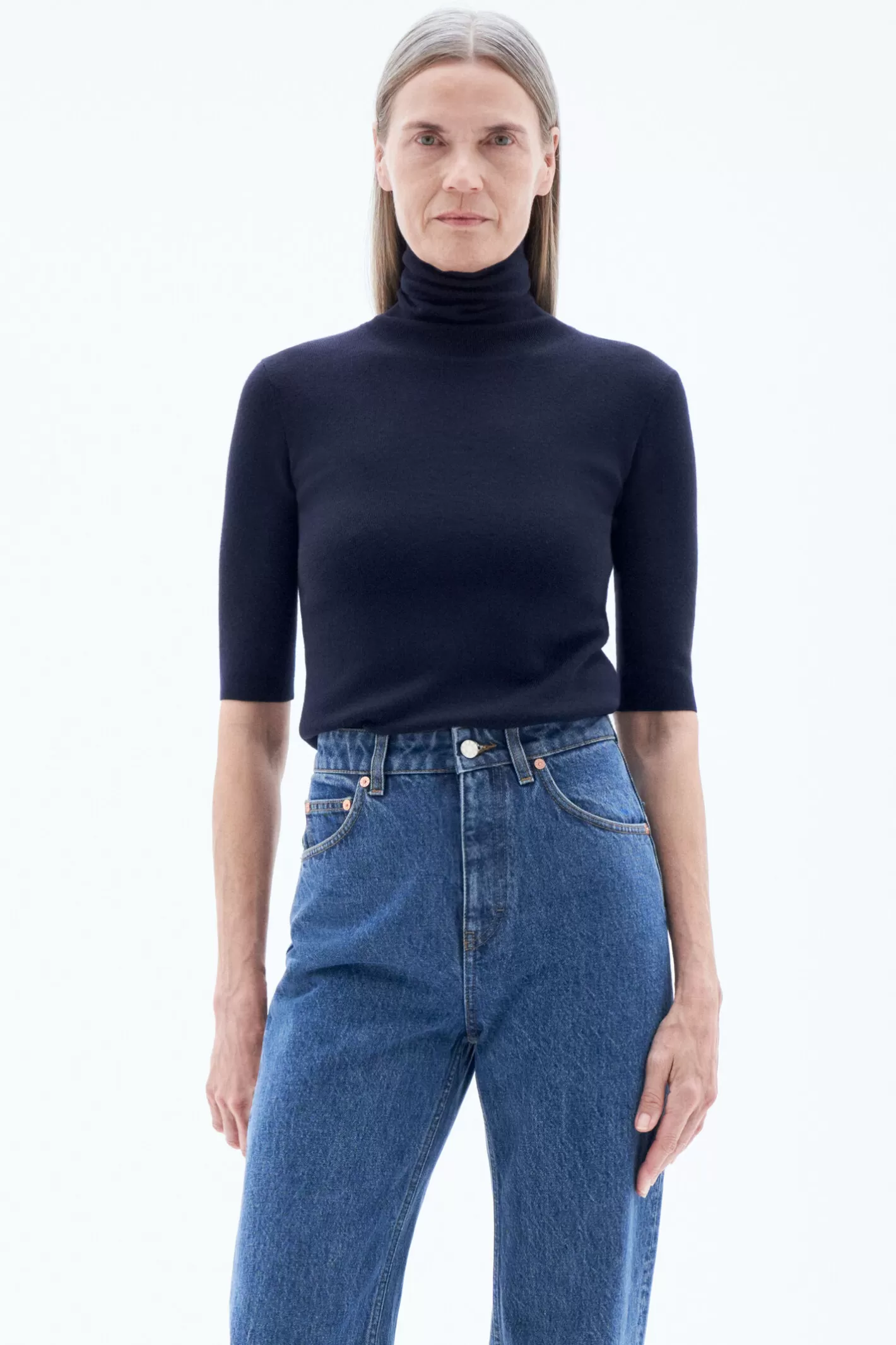 Filippa K Merino Elbow Sleeve Top Navy-Woman Knitwear