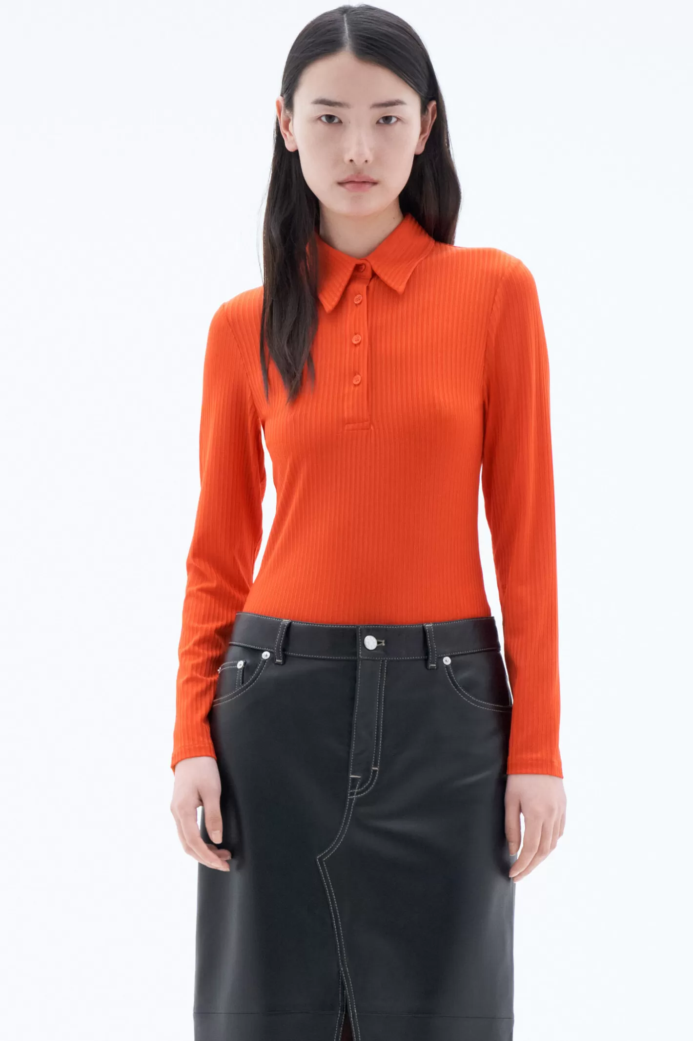 Filippa K Shiny Rib Button Polo Red Orange-Woman Tops