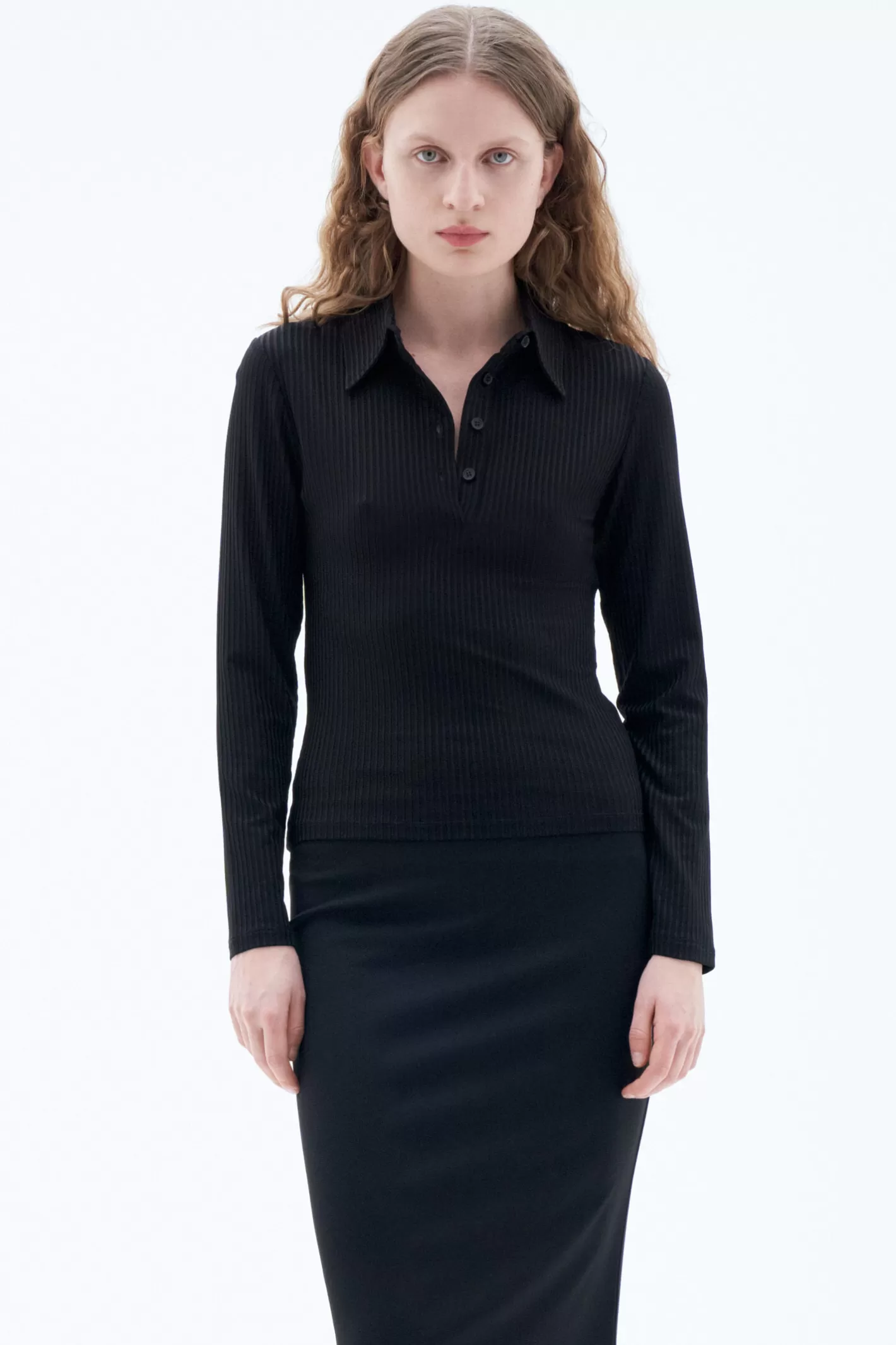 Filippa K Shiny Rib Button Polo Black-Woman Tops