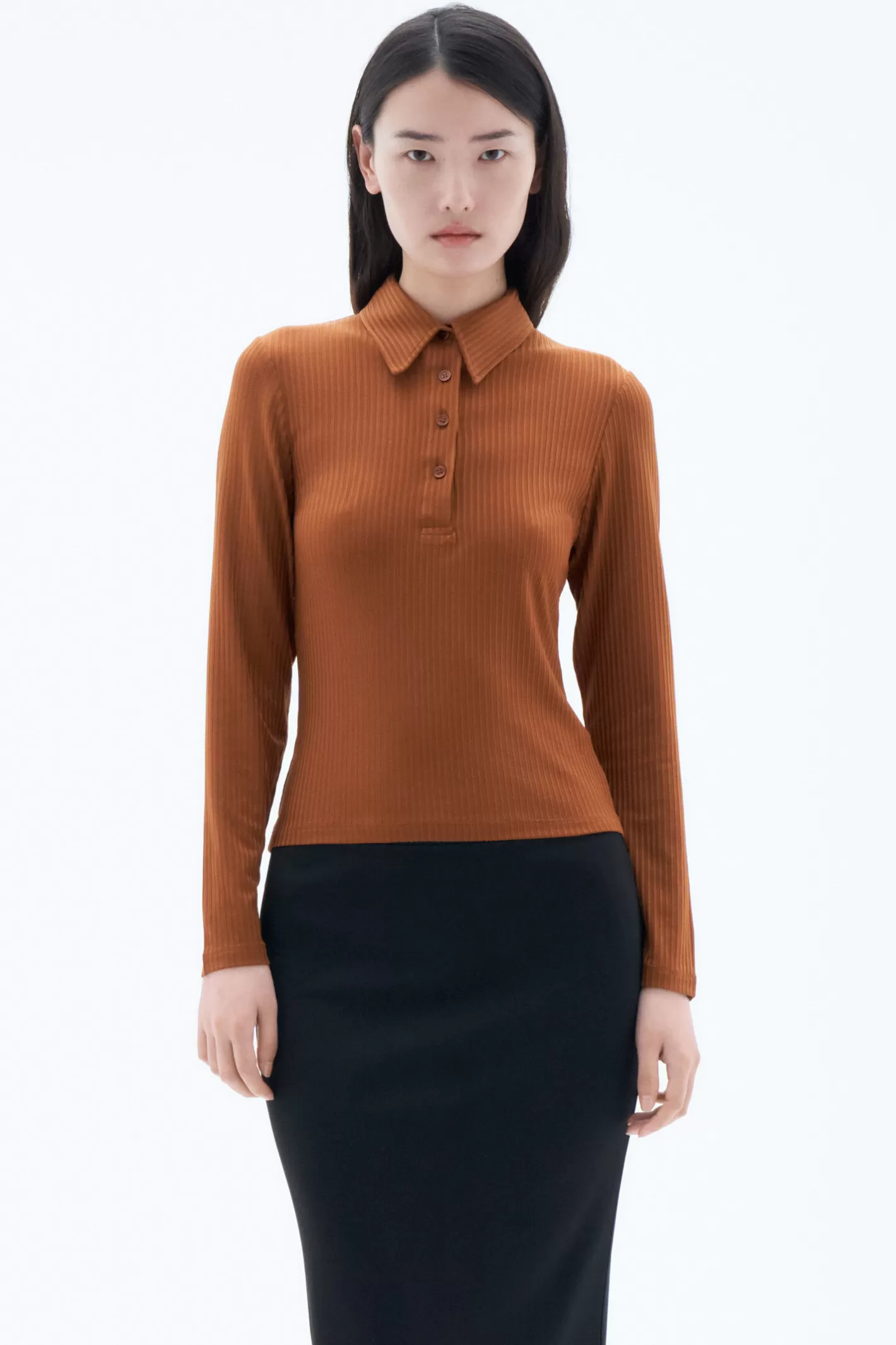 Filippa K Shiny Rib Button Polo Chestnut-Woman Tops