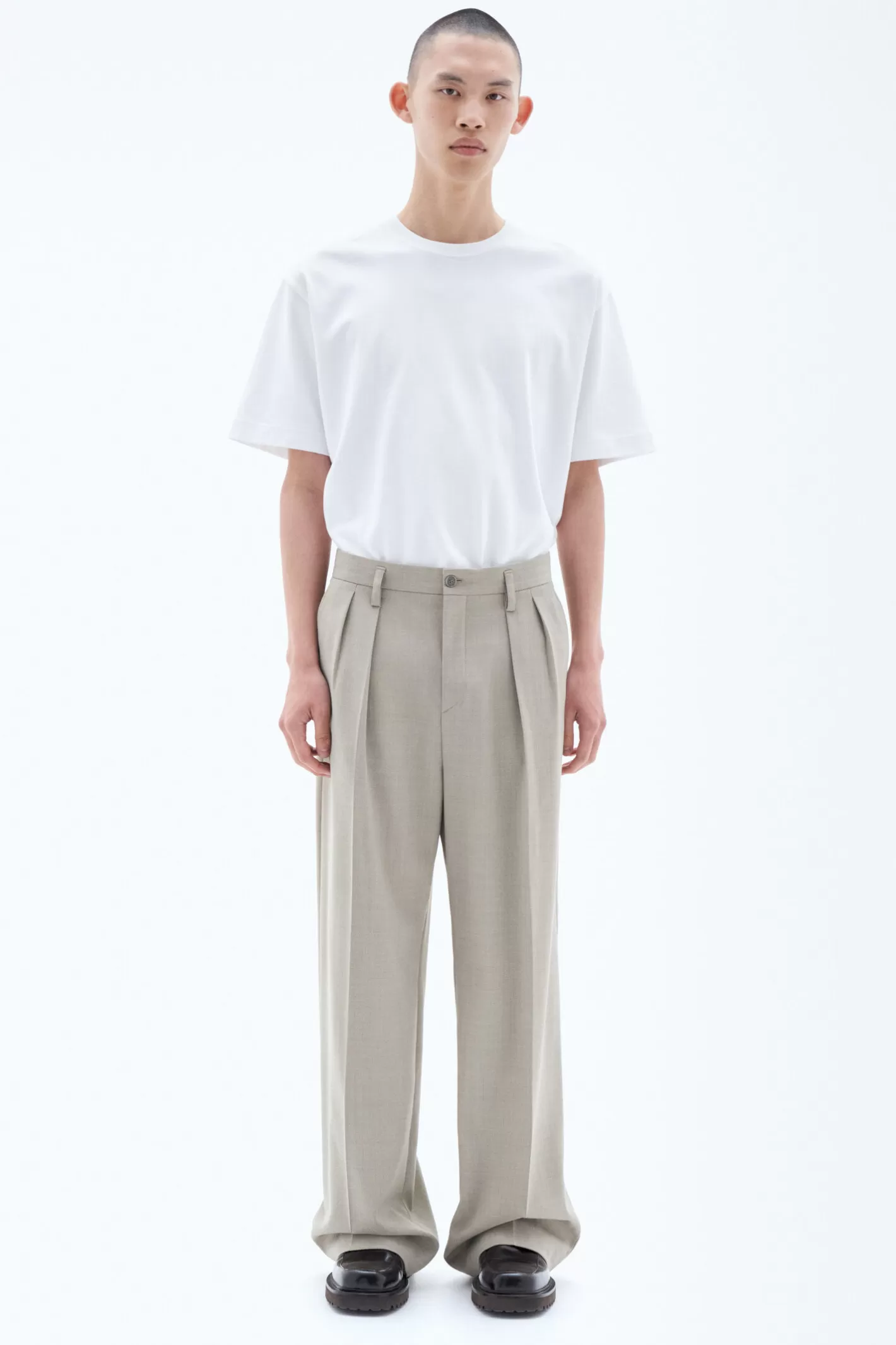 Filippa K Wide Wool Trousers Sage Melange-Man Tailoring | Trousers